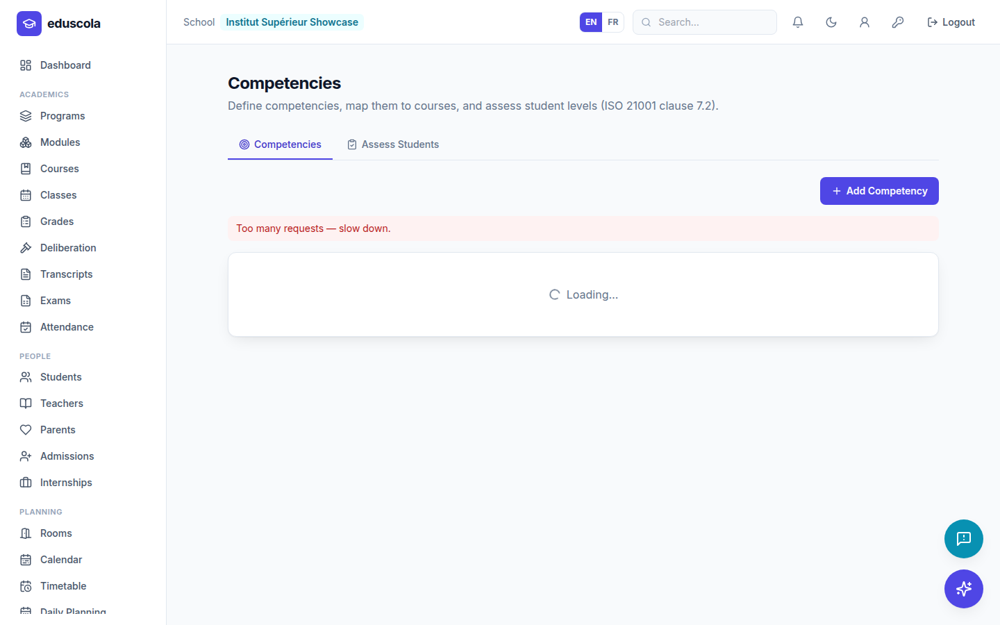 Competency framework — screenshot of the EduScola interface
