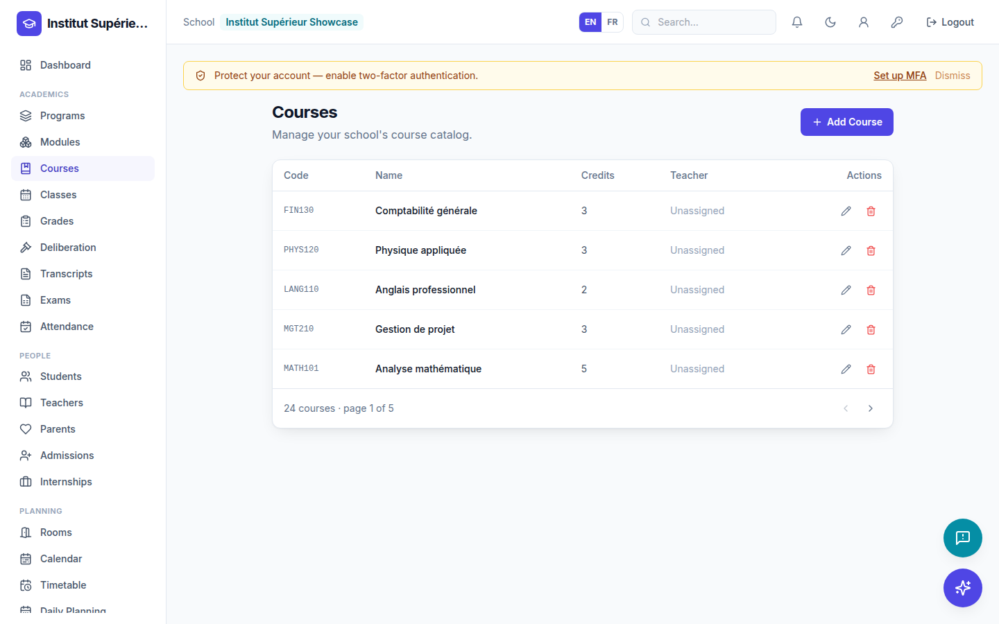 Courses and programmes — screenshot of the EduScola interface