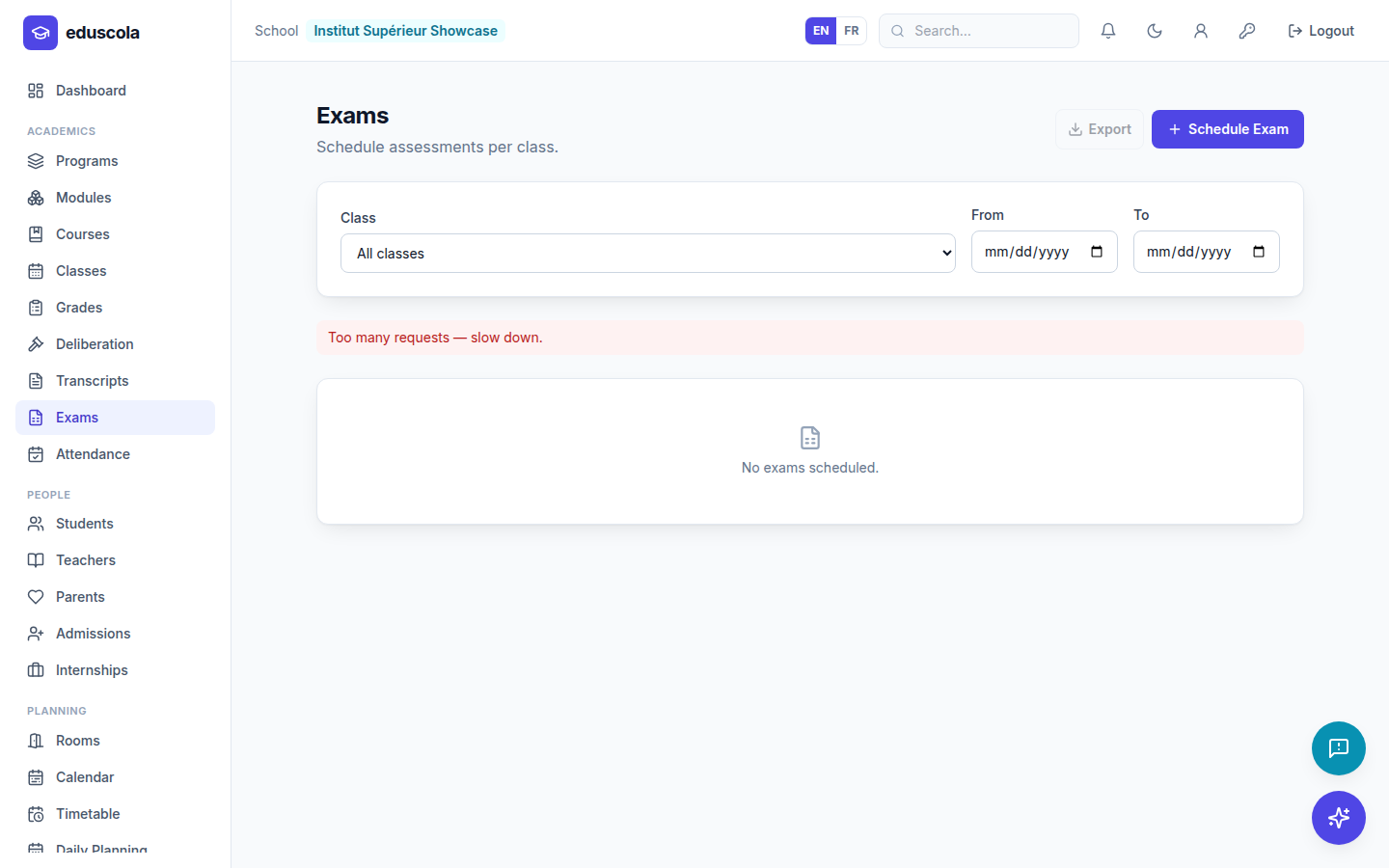 Examinations — screenshot of the EduScola interface