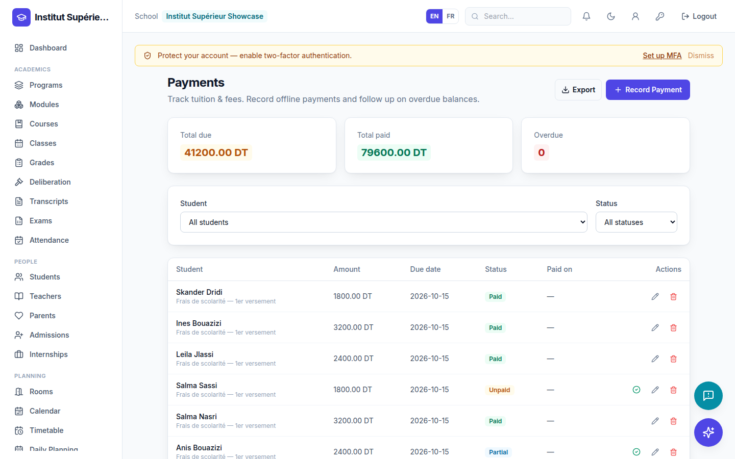 Finance — screenshot of the EduScola interface