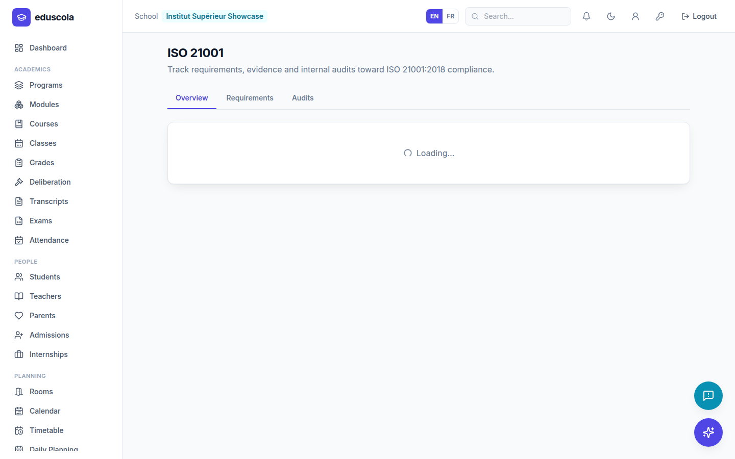 Quality and accreditation — screenshot of the EduScola interface